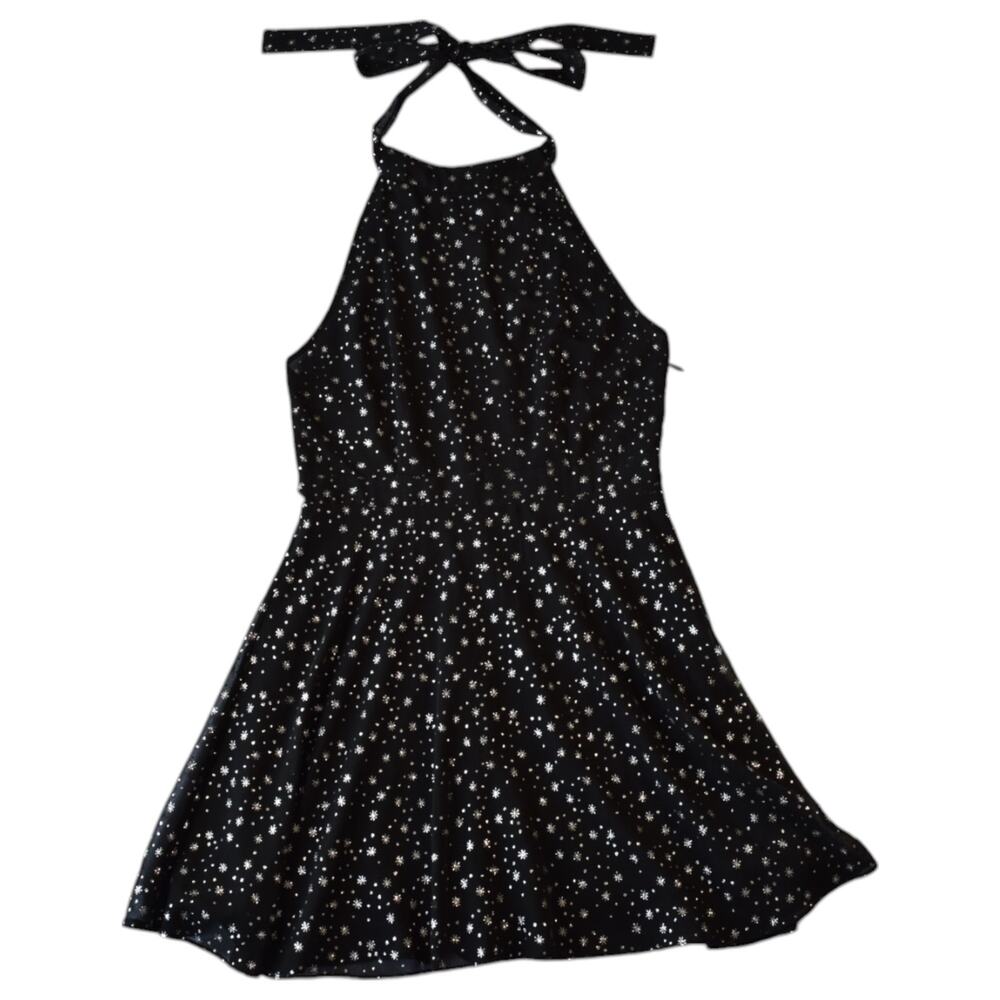 Topshop Black Sparkly Star Print Halter Mini Dress - Open Back Skater - Size 8